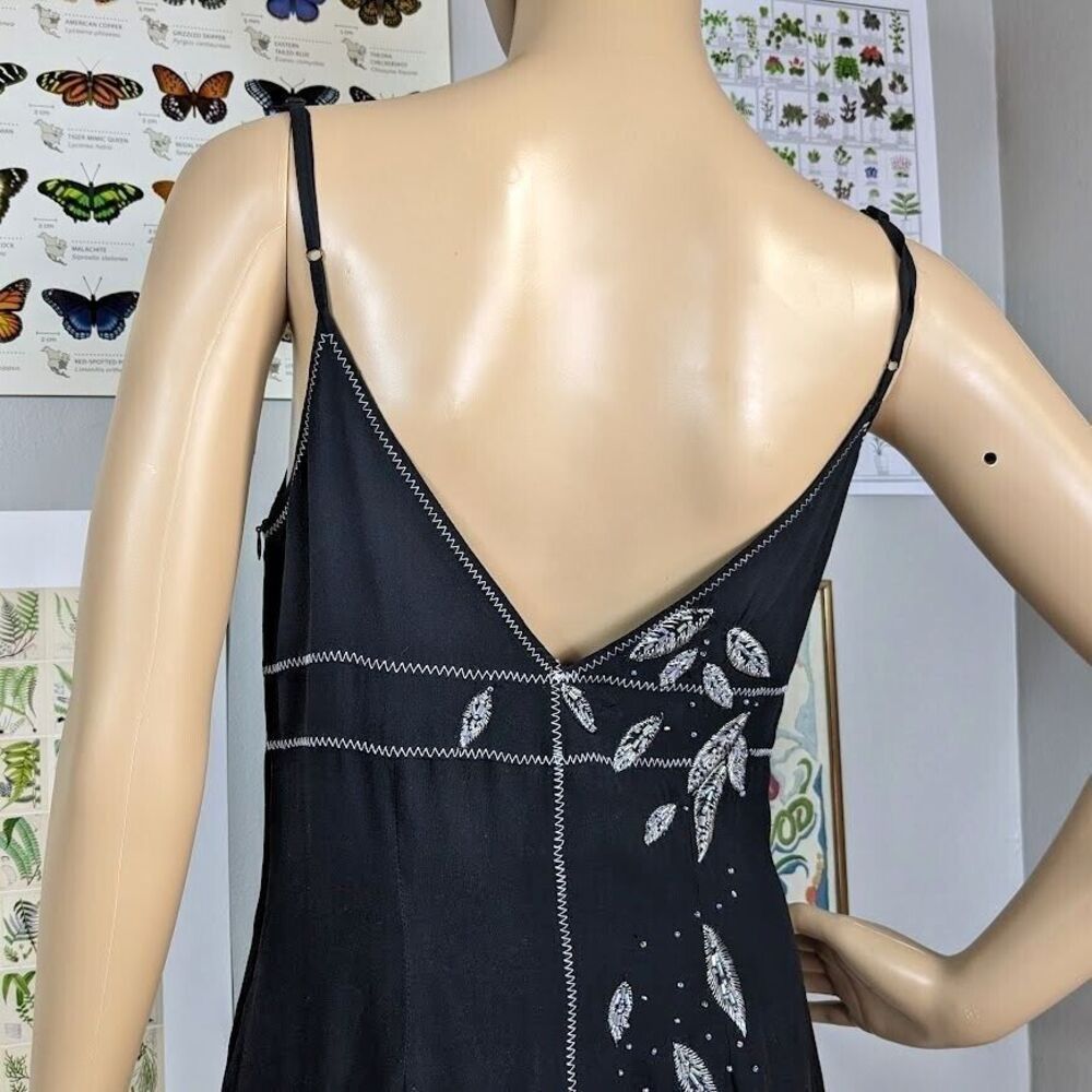 Vintage 90s y2k Sue Wong Silk Midi Dress Silver Beaded Dark Fairycore Size 6 - Picture 5 of 12